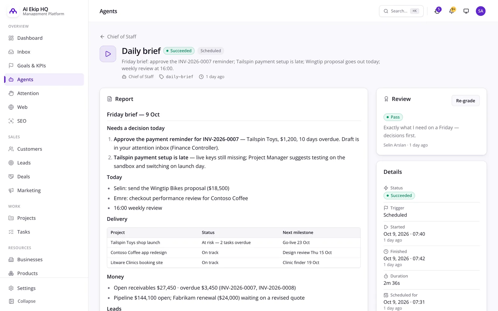 AI Employee Platform'da Genel Koordinatör temsilcisinin özetiyle tamamlanmış bir çalışması
