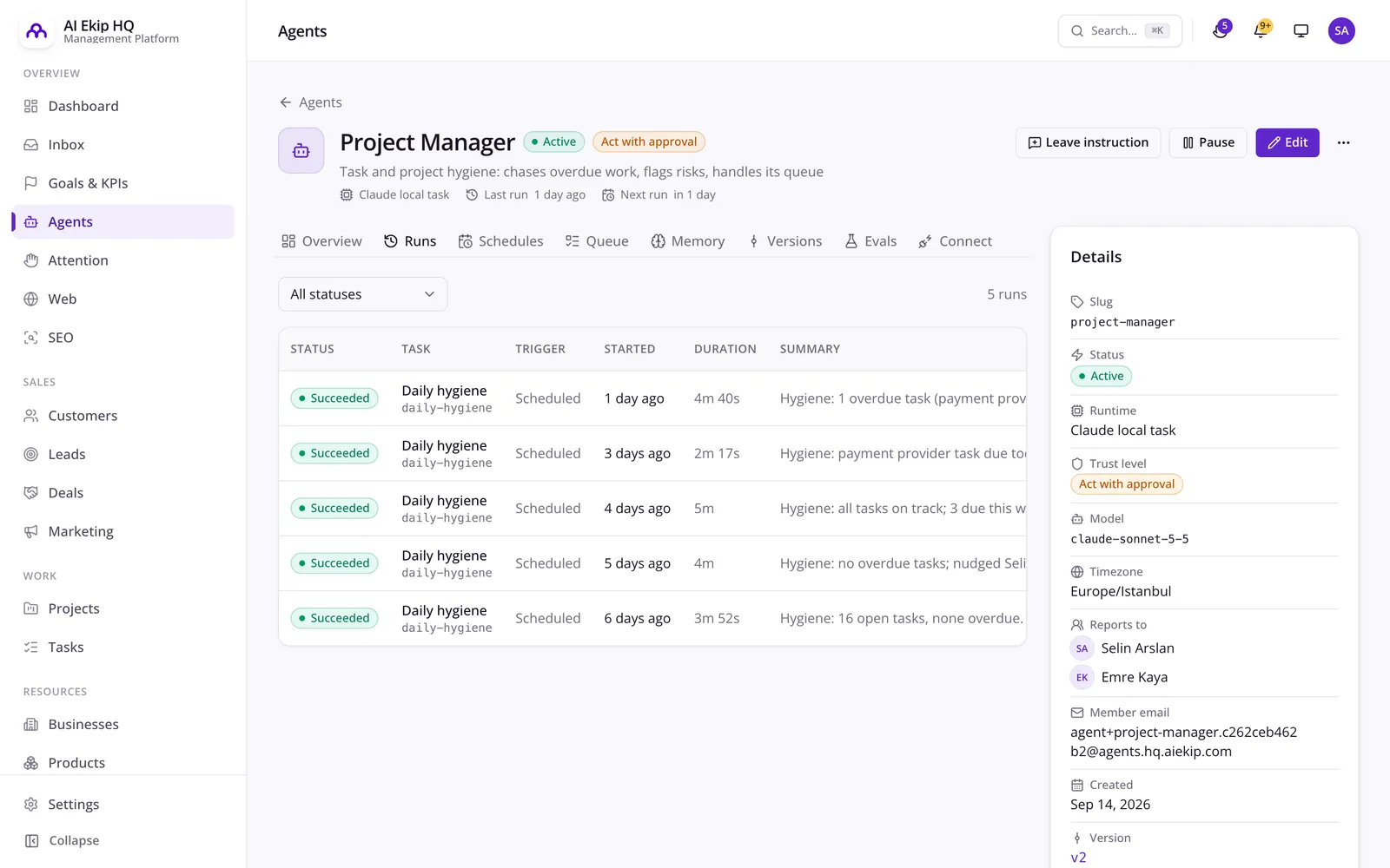 AI Employee Platform'da bir yapay zeka temsilcisinin özet ve notlarıyla tamamlanmış çalışmaları