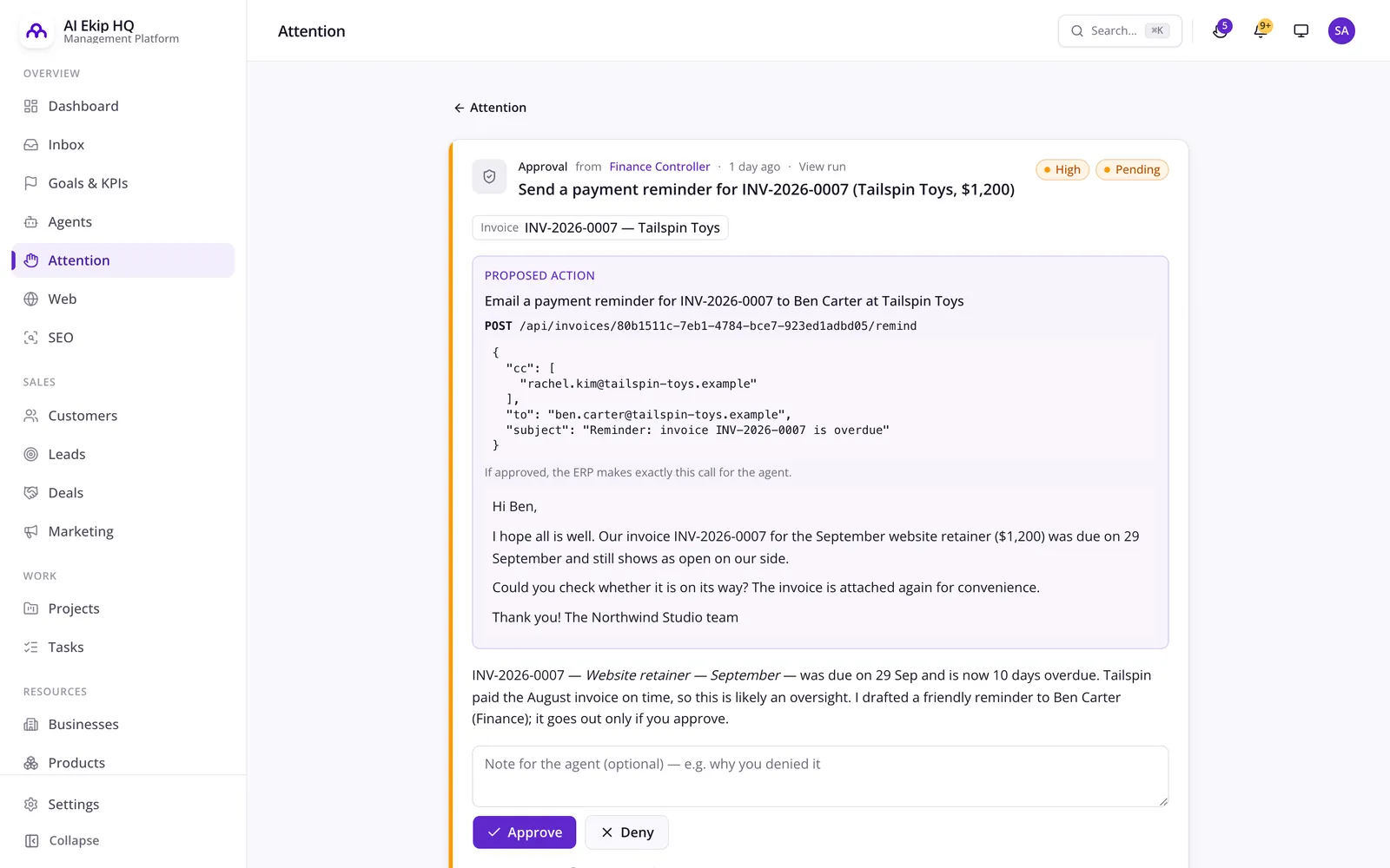 AI Employee Platform'da bir temsilcinin ödeme hatırlatması göndermek için onay talebi