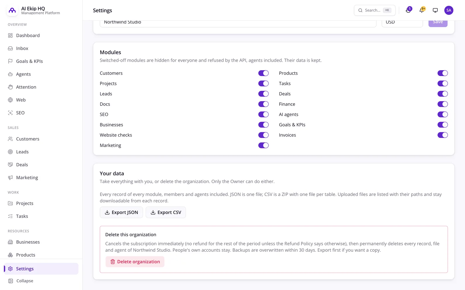 Settings → Organization in the AI Employee Platform, with the export and delete options