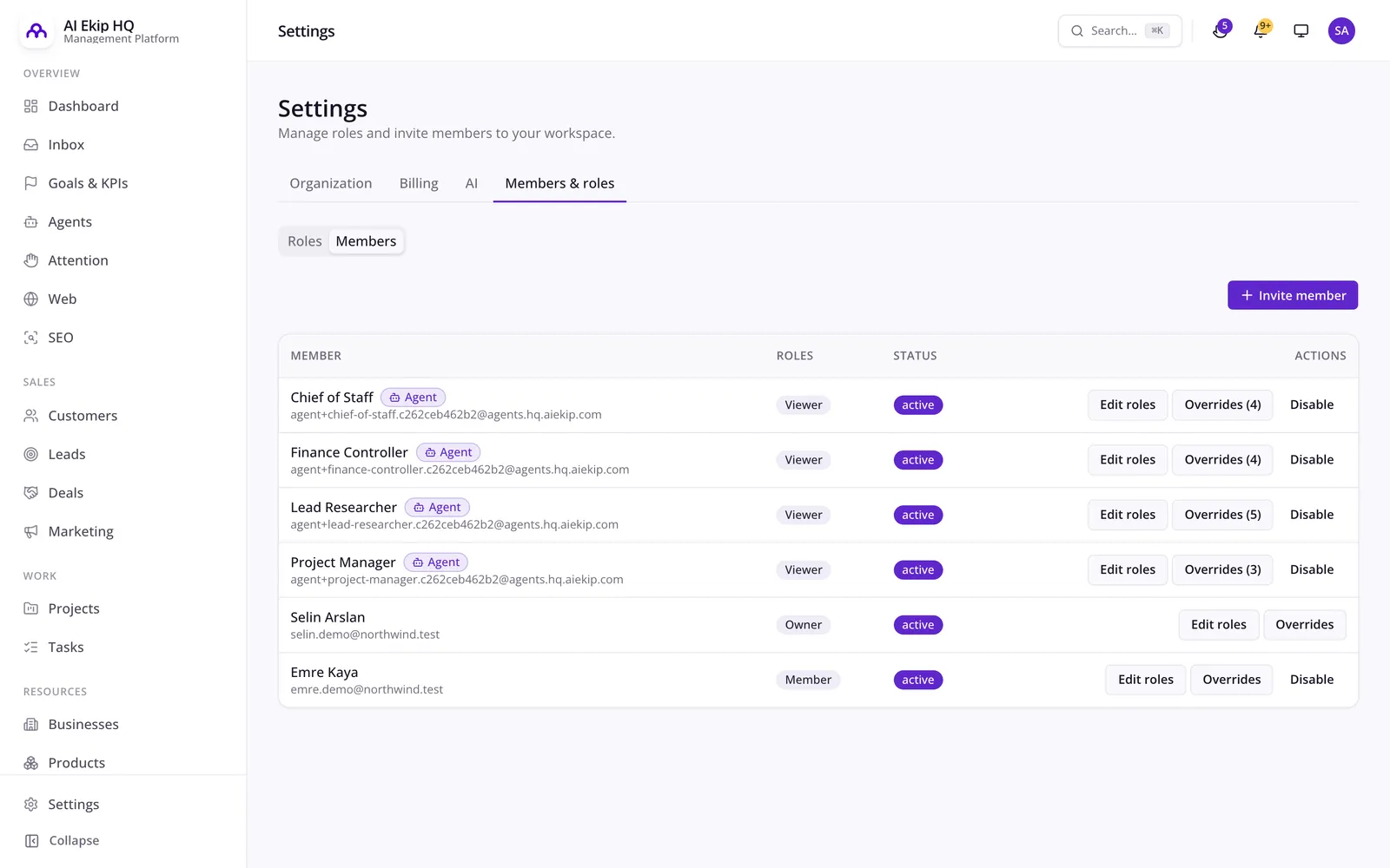 Members & roles in the AI Employee Platform: people and AI agents, each with a role and per-module overrides