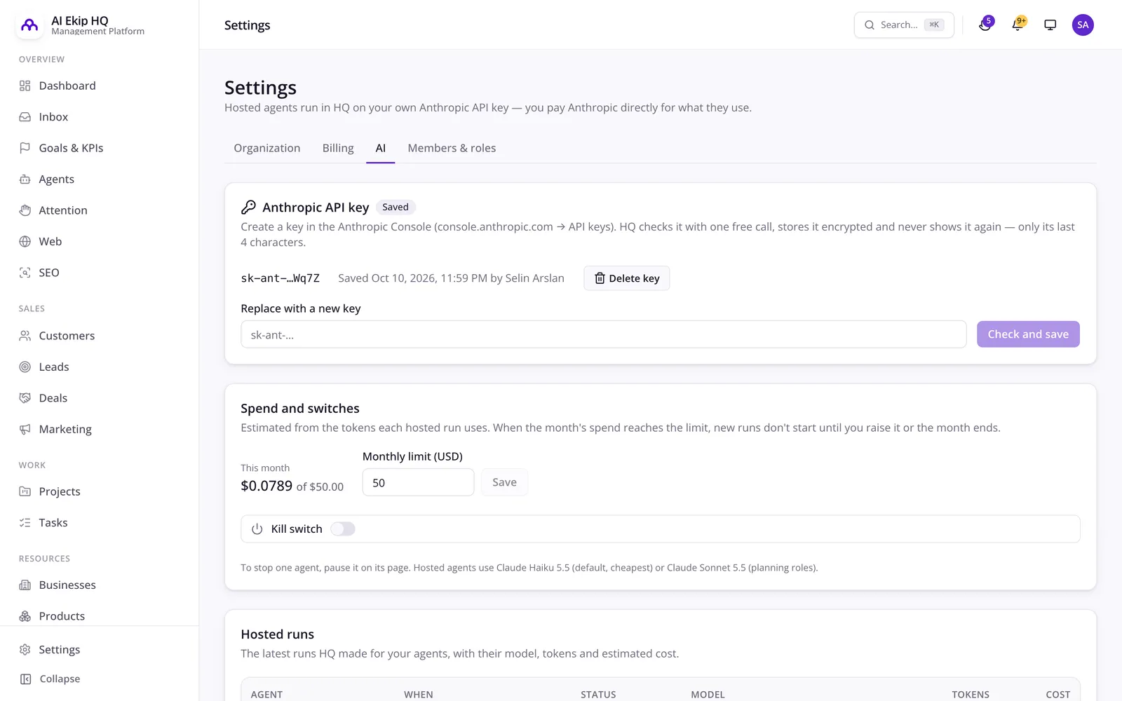 AI Employee Platform'da Ayarlar → AI: bir Anthropic API anahtarı ve aylık harcama sınırı