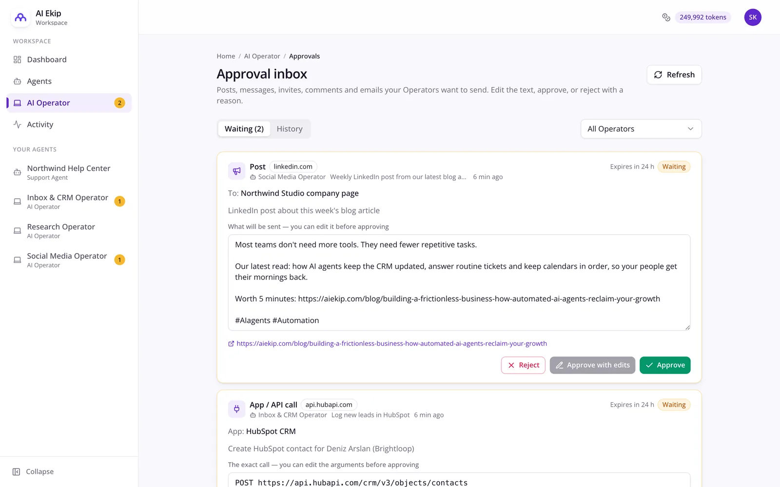 Approval inbox with a LinkedIn post and a HubSpot API call waiting for approval