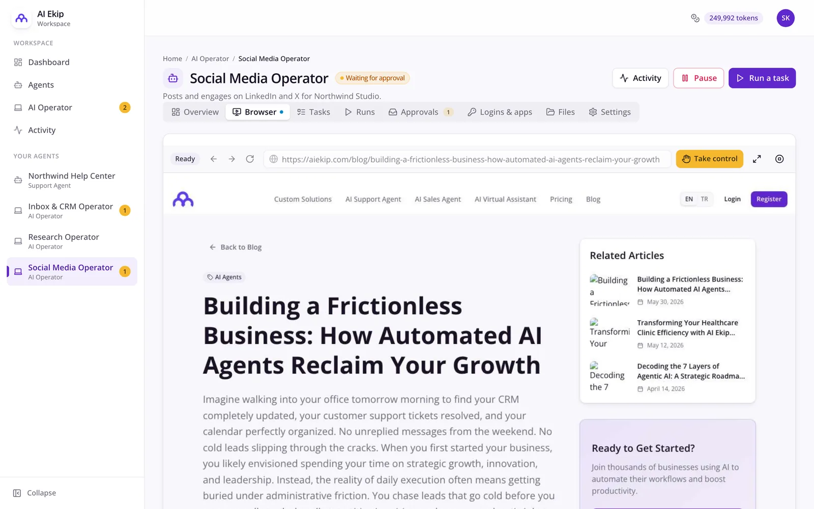 Live view of an AI Operator's cloud browser reading a blog article