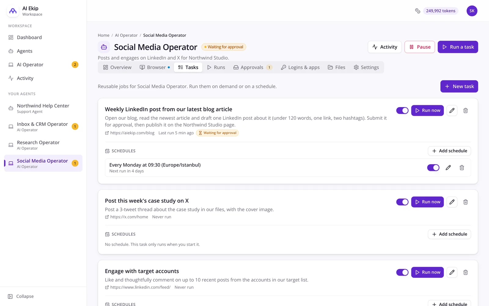 Saved Operator tasks with weekly and weekday schedules